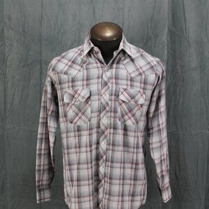 Vintage Western Shirt - Grey White and Red Plaid Pattern - Men's Medium